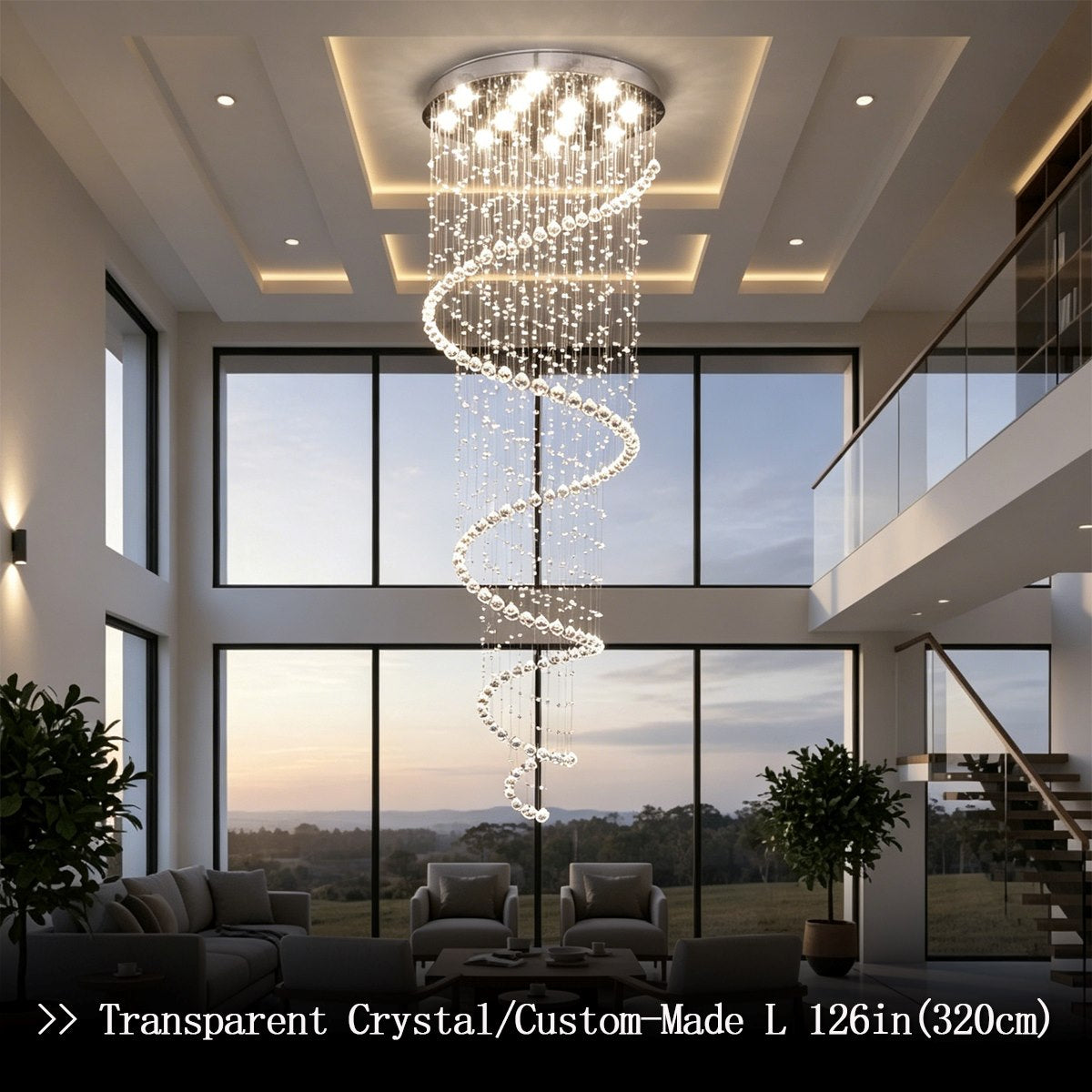 Transparent Crystal Spiral Chandelier - Crystal Spiral Chandelier for High Ceiling Living Room