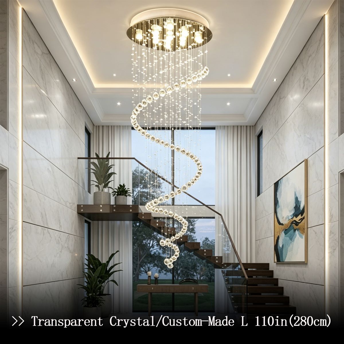 Transparent Crystal Spiral Chandelier - Side View Crystal Spiral Pendant Chandelier
