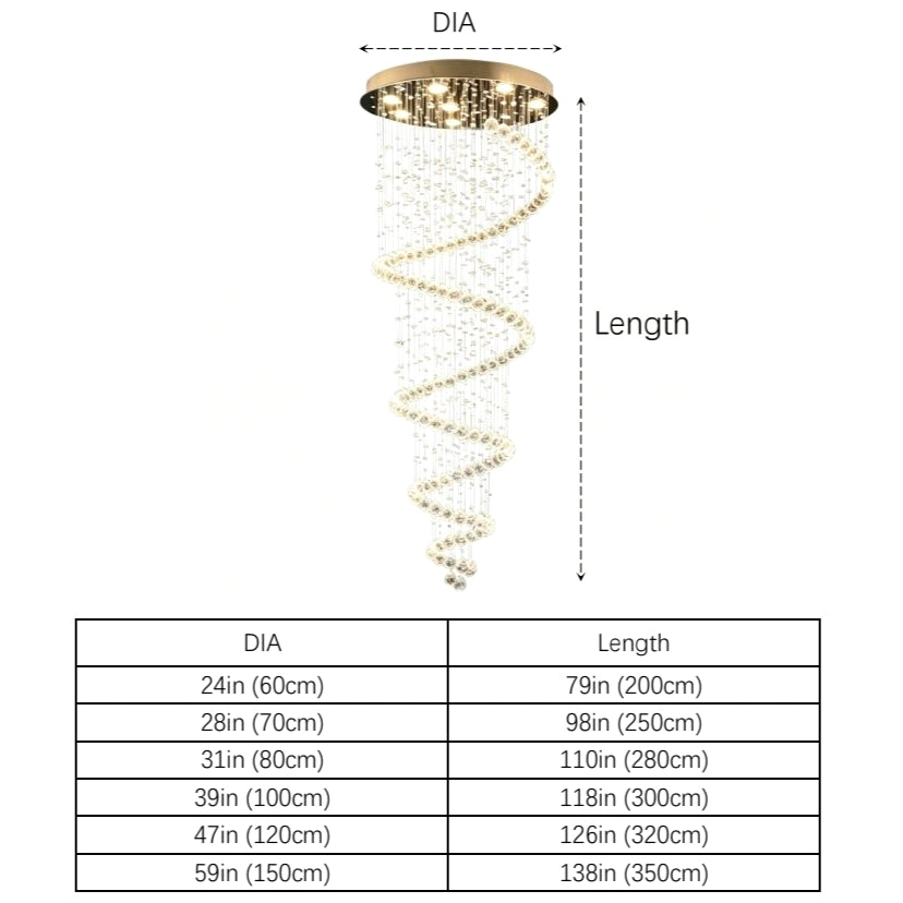 Transparent Crystal Spiral Chandelier - Size Chart DIA 24 to 59 inch Length 79 to 138 inch