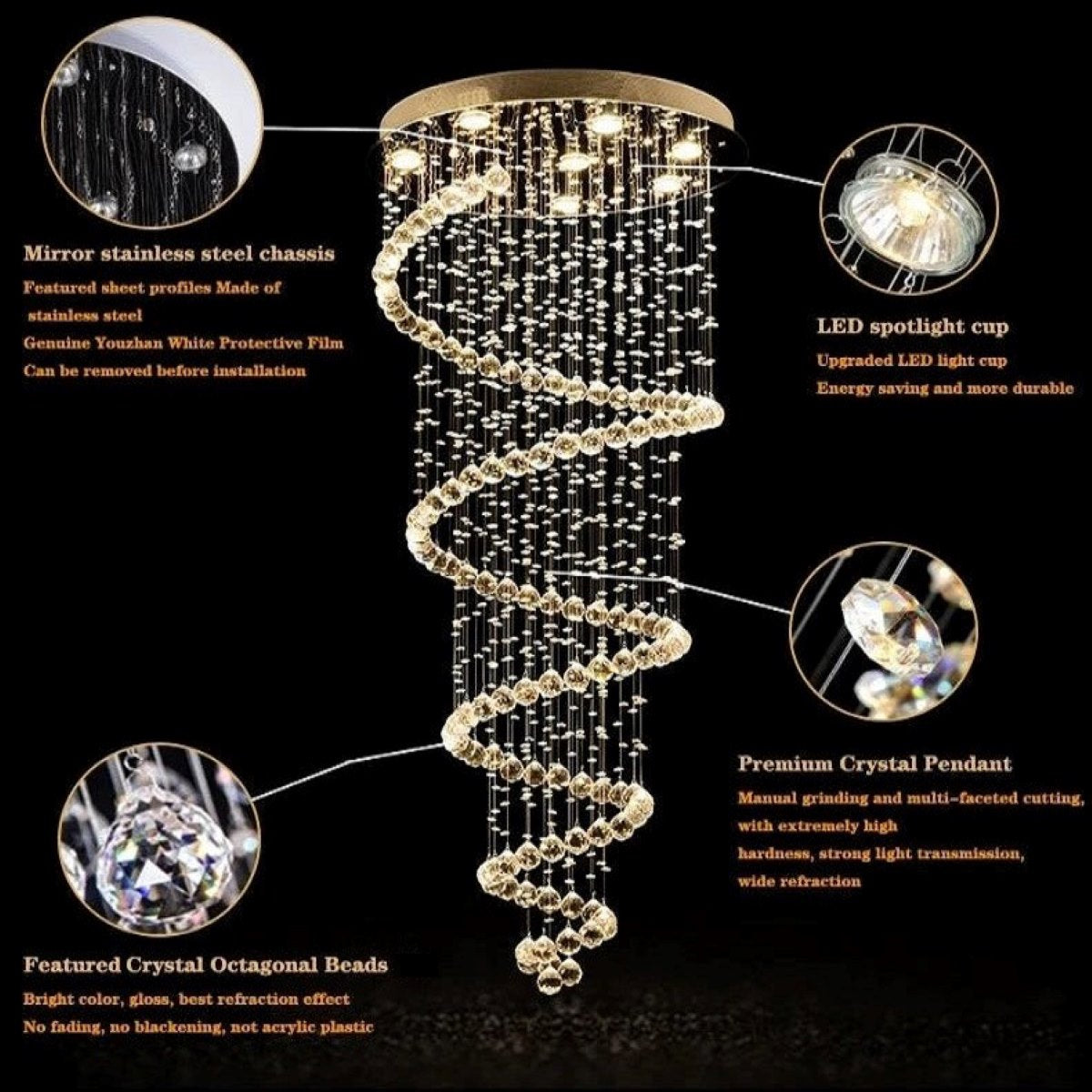 Transparent Crystal Spiral Chandelier - Stainless Steel Frame LED Spotlight Crystal Pendant