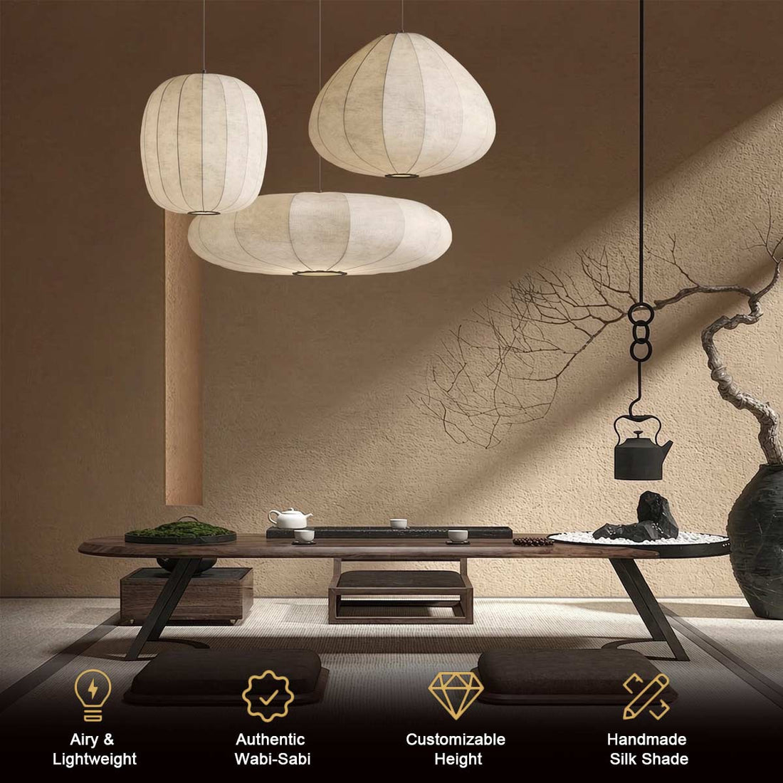 Wabi Sabi Silk Pendant Light – Handcrafted Japanese Japandi Cloud Lantern for Living Room
