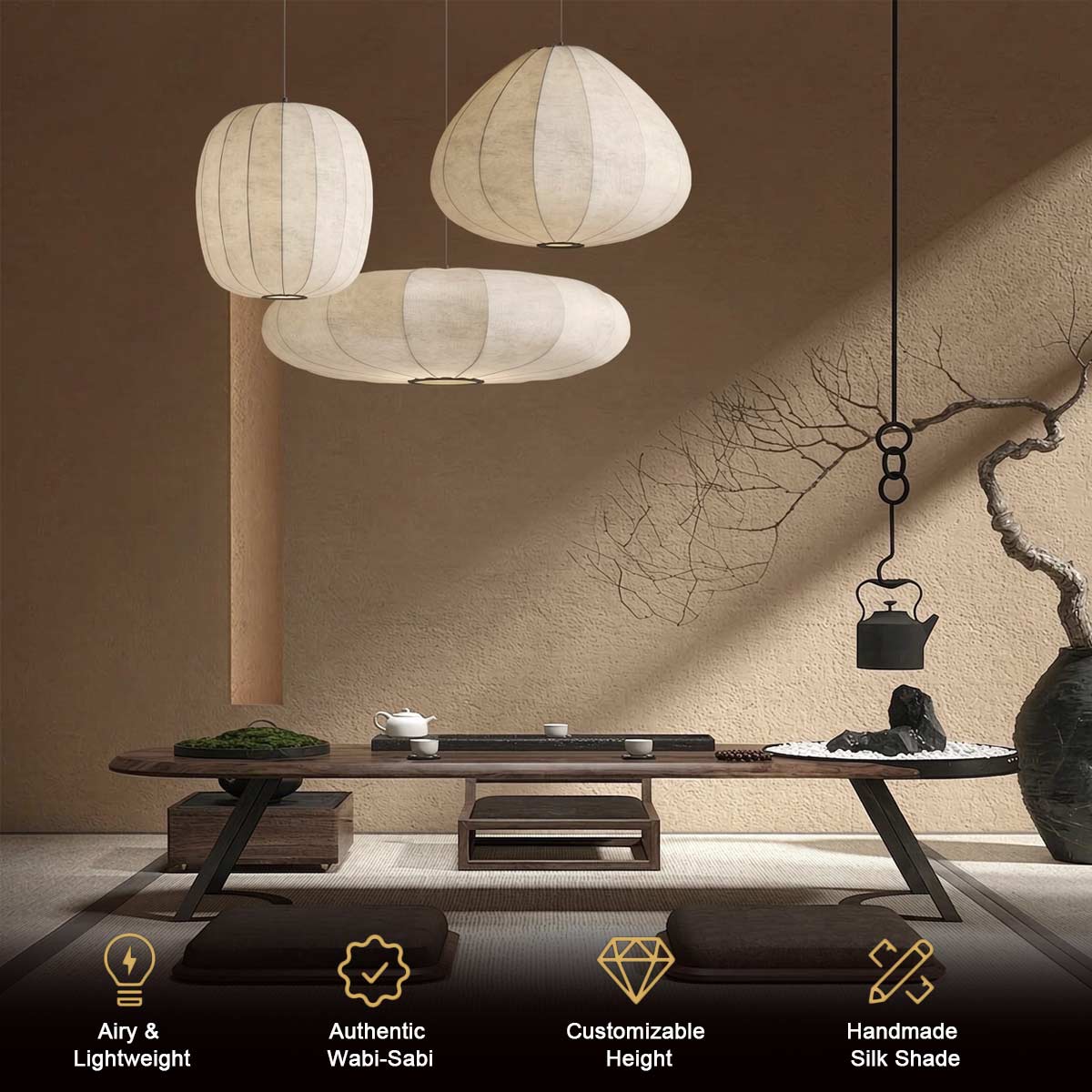 Wabi Sabi Silk Pendant Light hanging in a minimalist living room – Japandi style cloud lantern