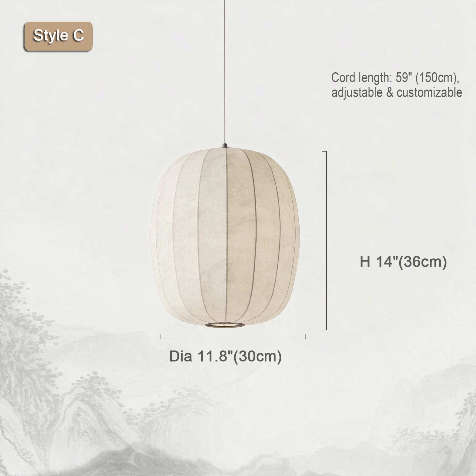 Wabi Sabi Silk Pendant Light Style B – cylindrical silk lantern, Dia 17" x H 14" for tea room