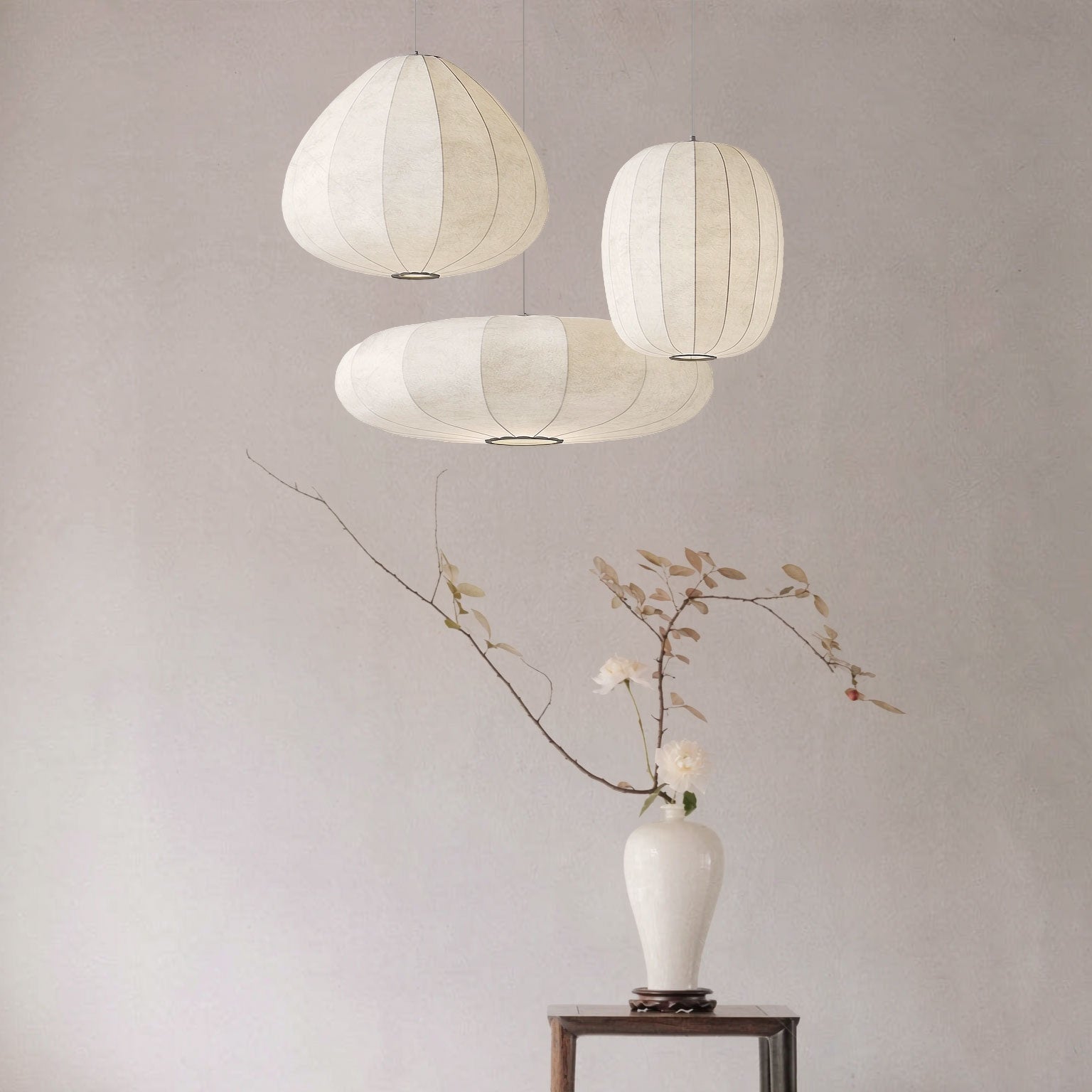 Wabi Sabi pendant light installed in Zen-style tea room – natural silk shade diffusing soft ambient light