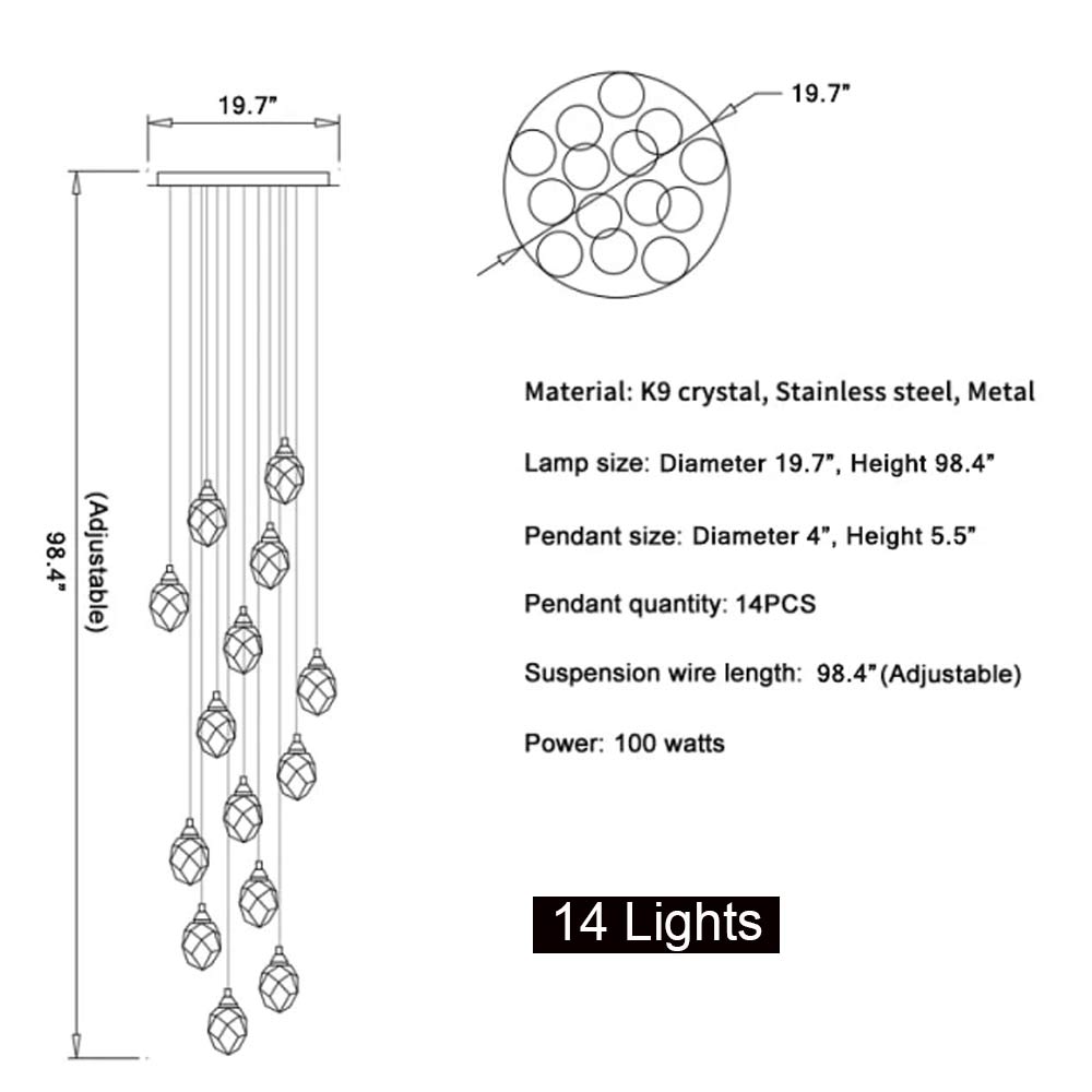Crystal staircase pendant light dimensions and hanging layout