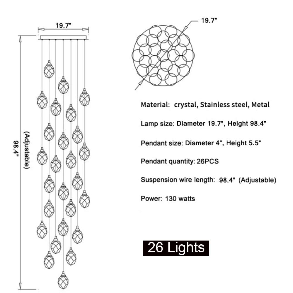 Long crystal staircase chandelier size and installation diagram