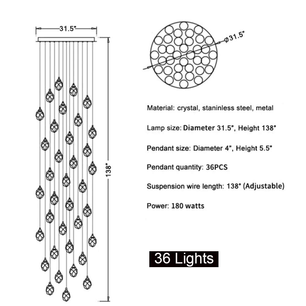 Crystal strand details and dimensions for a staircase pendant light