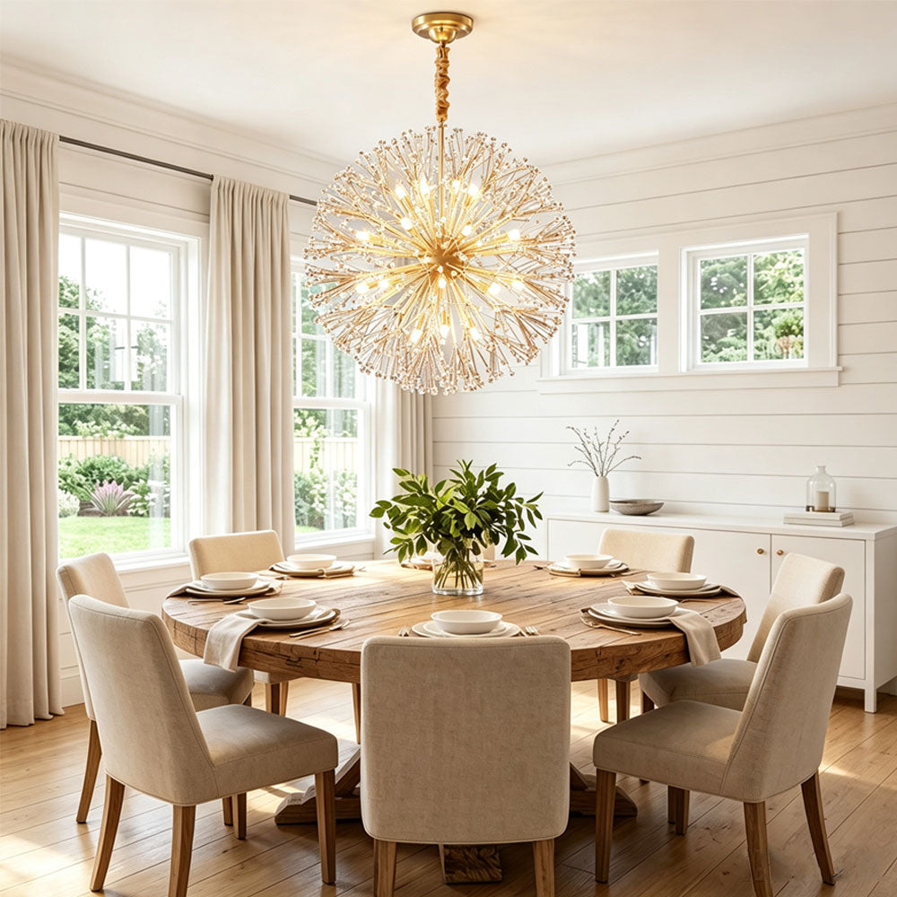 Dandelion pendant light with crystal sphere tips over a modern dining room table