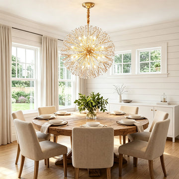 Dandelion pendant light with crystal sphere tips over a modern dining room table
