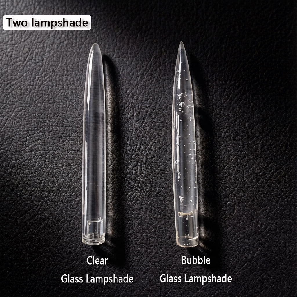 Close-up comparison of clear glass and bubble glass lampshade options for candelabra chandelier