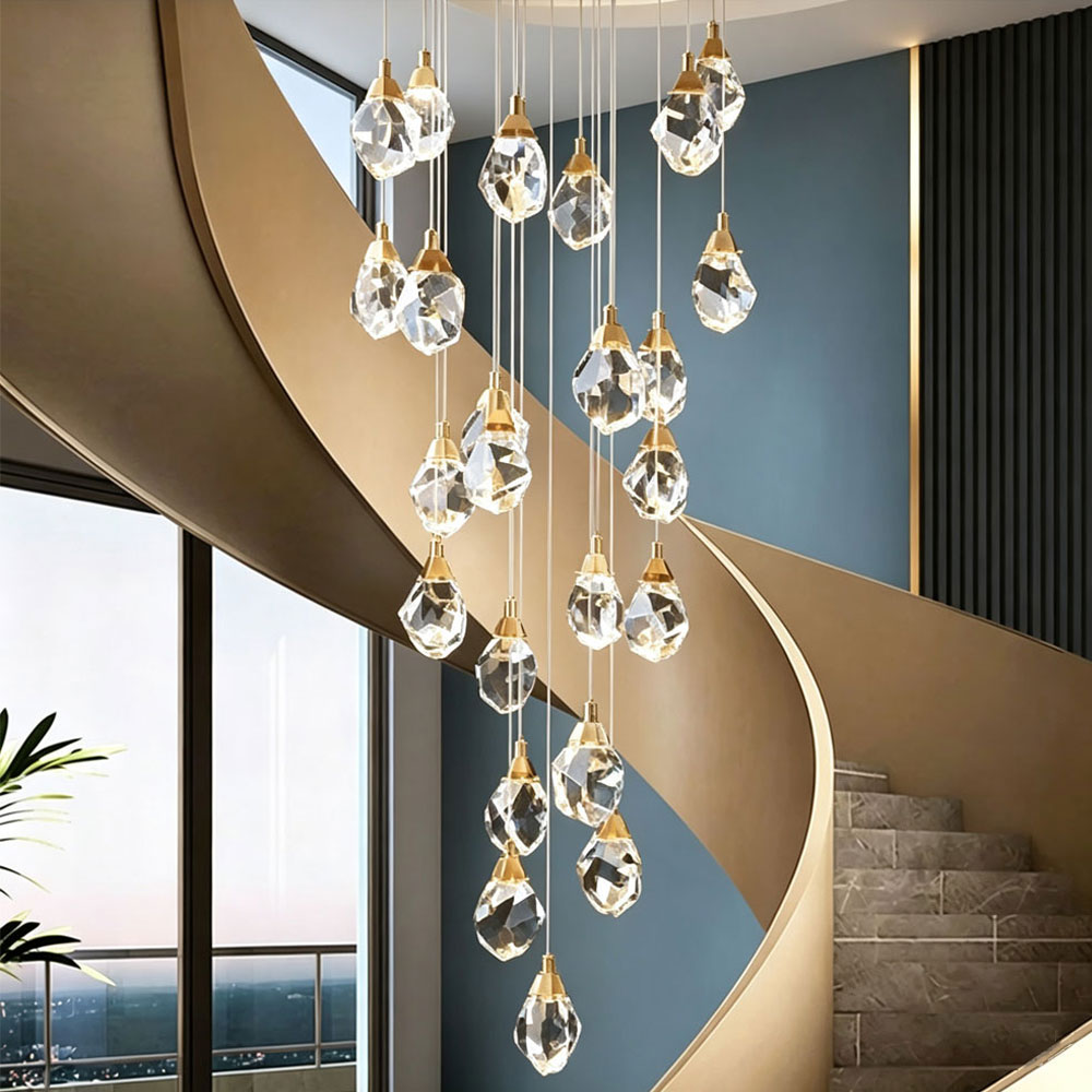 Diamond staircase chandelier installed in a modern-farmhouse style double-height living space