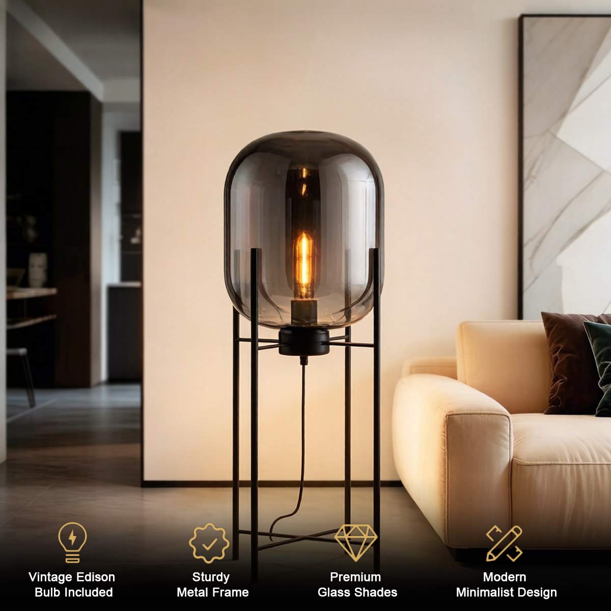 Modern table lamp providing warm ambient light beside a sofa